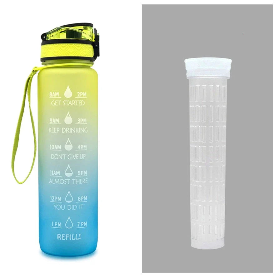 1-Liter Tritan Sports Water Bottle with Time Markers, Bounce Cover, and Motivational Design
