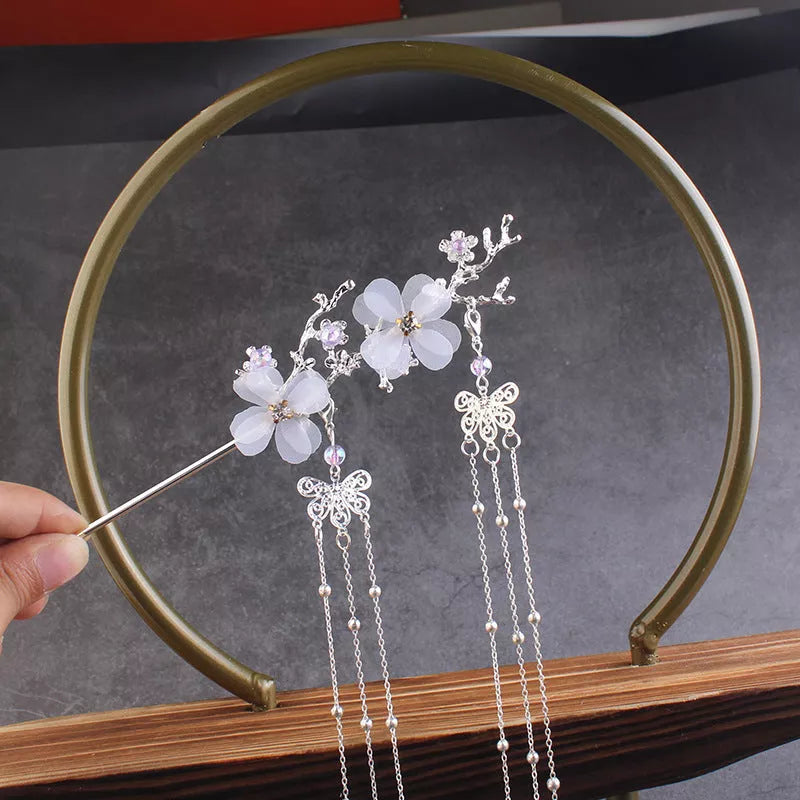 Hanfu Plum Blossom Branch Tassel Hairpin in gold and silver, traditional Chinese hair accessory