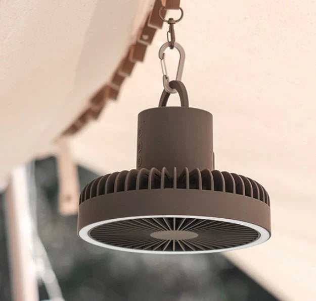 Versatile USB Rechargeable Camping Fan with Tripod Stand and Lantern, offering a premium aluminum alloy construction, 3-in-1 design, and powerful brushless motor for a refreshing outdoor experience.