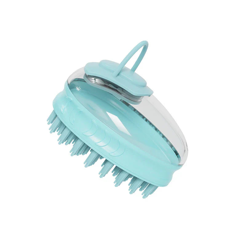 A green pet bath brush designed to provide a relaxing massage experience for dogs during bath time.