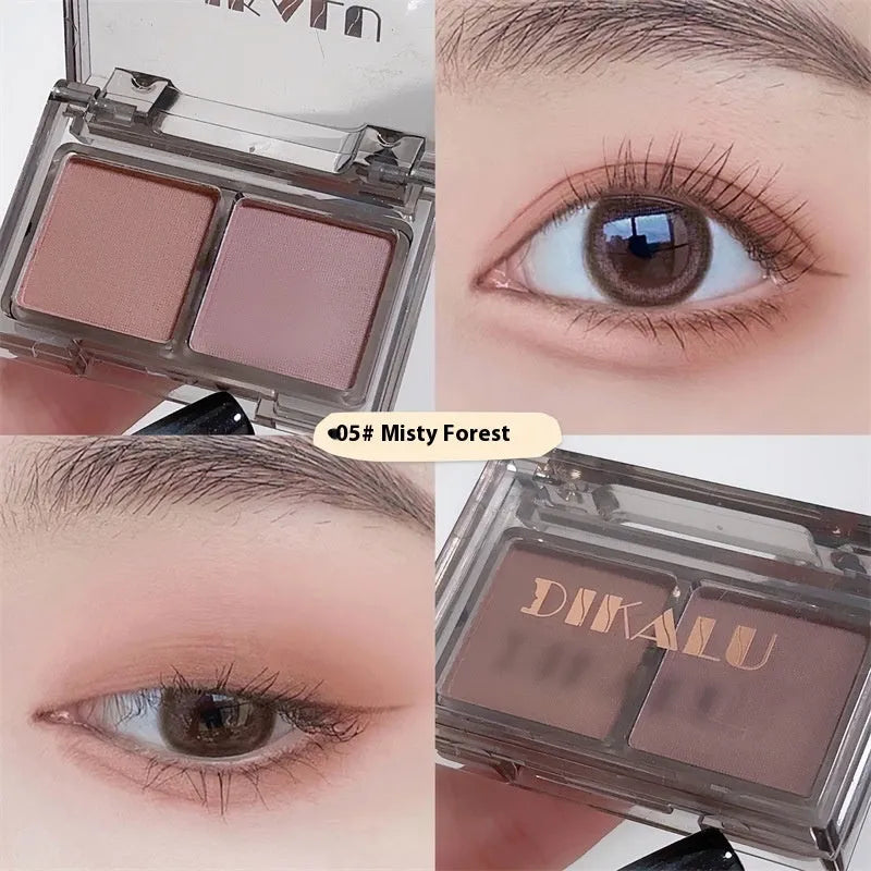 DIKALU two-colour eye shadow compact open, showing a matte and a shimmer shade split down the middle.