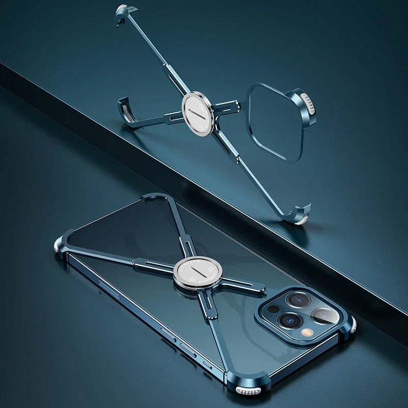 Stylish metal bumper case with X-shaped design, airbag cushioning, and heat dissipation for iPhone 12 and 13 series