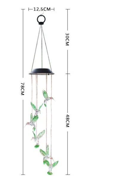 Vibrant solar-powered color changing wind chime with hummingbird and butterfly design for outdoor decor