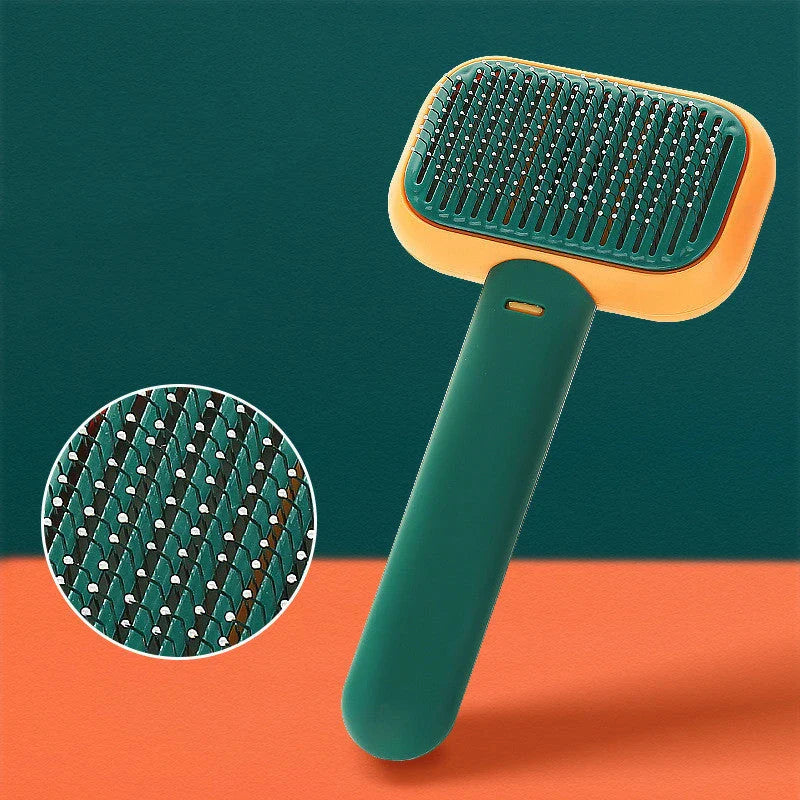 Premium pet hair brush in grey, pink, and green colors with stainless steel construction for easy grooming and massage