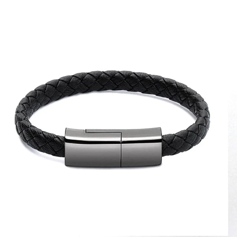 Stylish bracelet charging cable with premium leather and zinc alloy construction, compatible with iPhones, Android, and USB-C devices