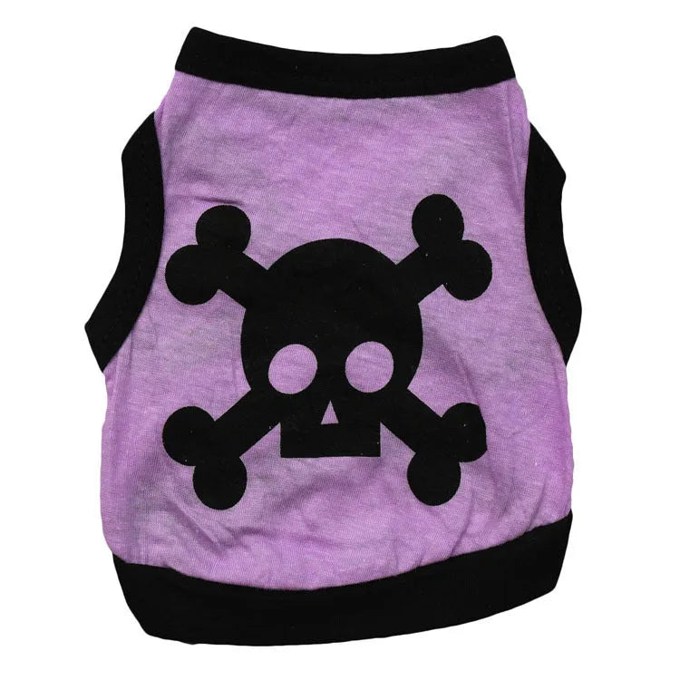 Blue dog vest with orange skull bones pattern, tank top style for a small dog.
