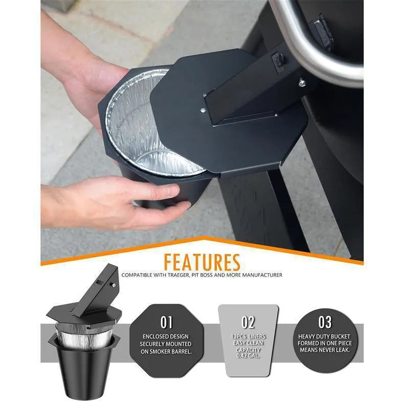Black metal grease catcher with cover and tin foil drip buckets for smokers.