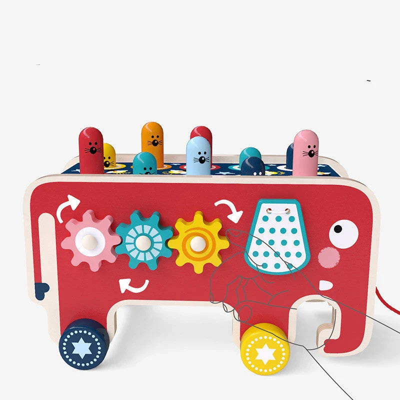 Wooden pounding bench toy with vibrant animal designs, promoting hand-eye coordination and creativity for toddlers and kids