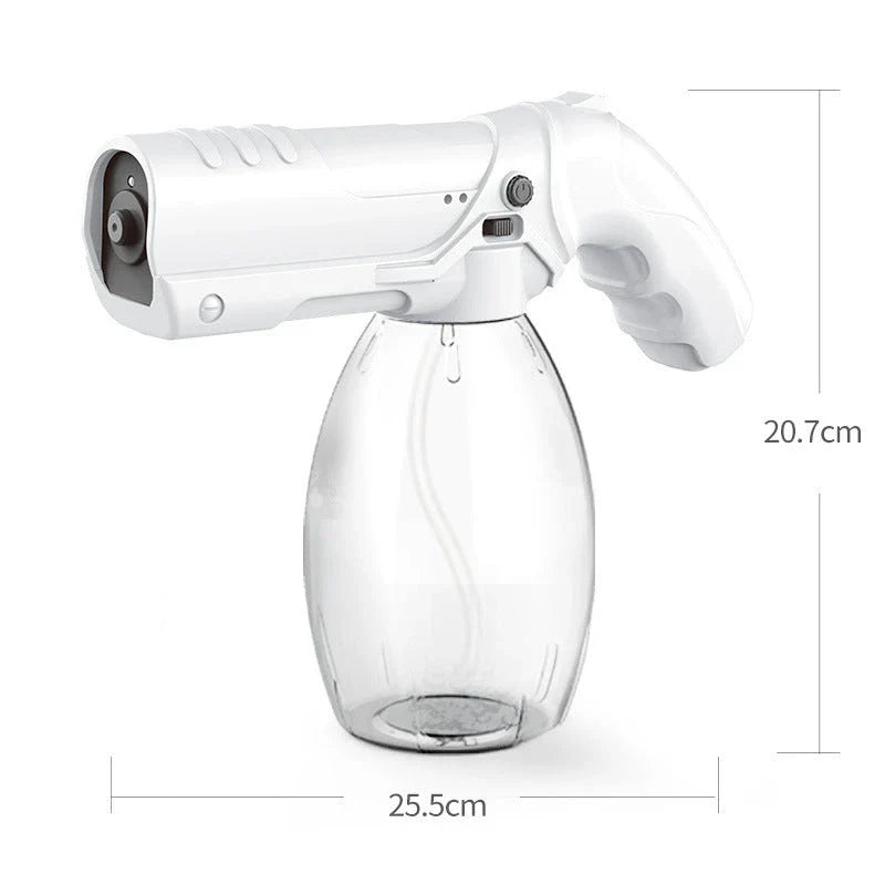 Cordless sanitizing spray gun with nano-atomization, UV disinfection, and long-lasting battery for versatile cleaning and disinfection in home, vehicle, and commercial settings.