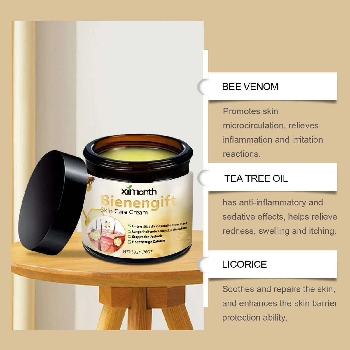 50g tube of bee venom and herbal blend moisturising body and neck cream