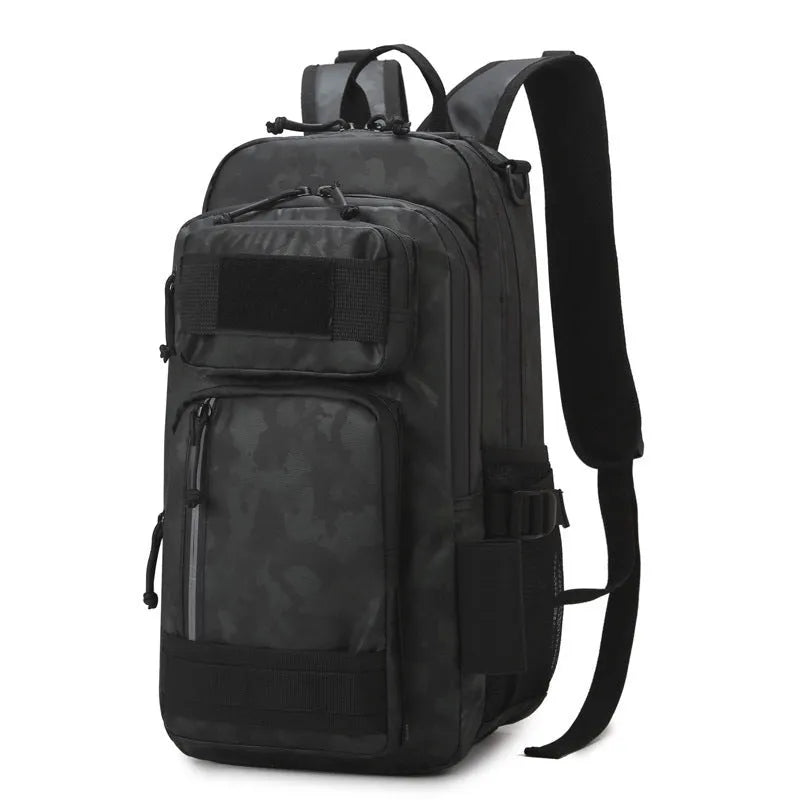 Large orange and black outdoor backpack with 20-35L capacity for hiking and camping