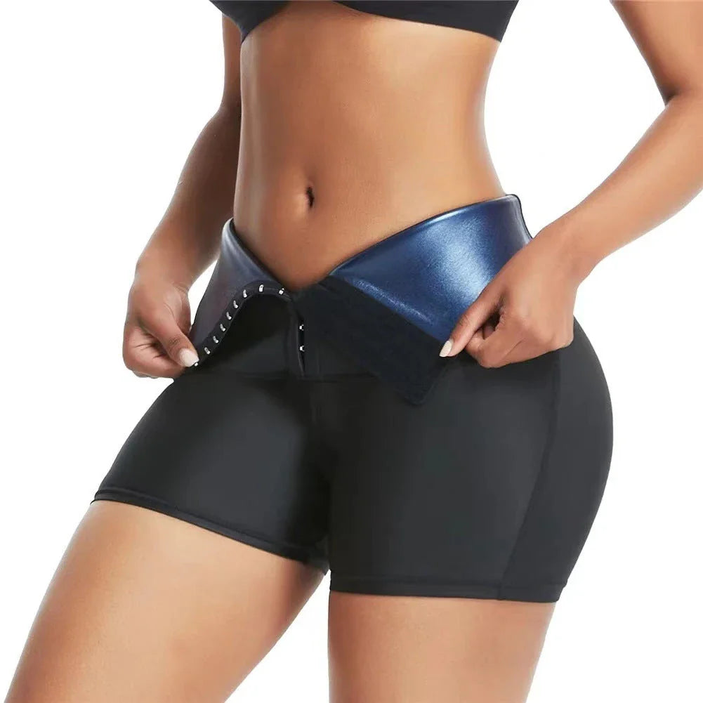 Premium slimming pants in silver and blue colors, featuring neoprene fabric and compression technology for a sculpted, hourglass silhouette