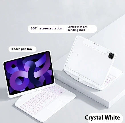Versatile iPad keyboard cover with 360-degree rotation, silent buttons, and pen slot for enhanced productivity and style
