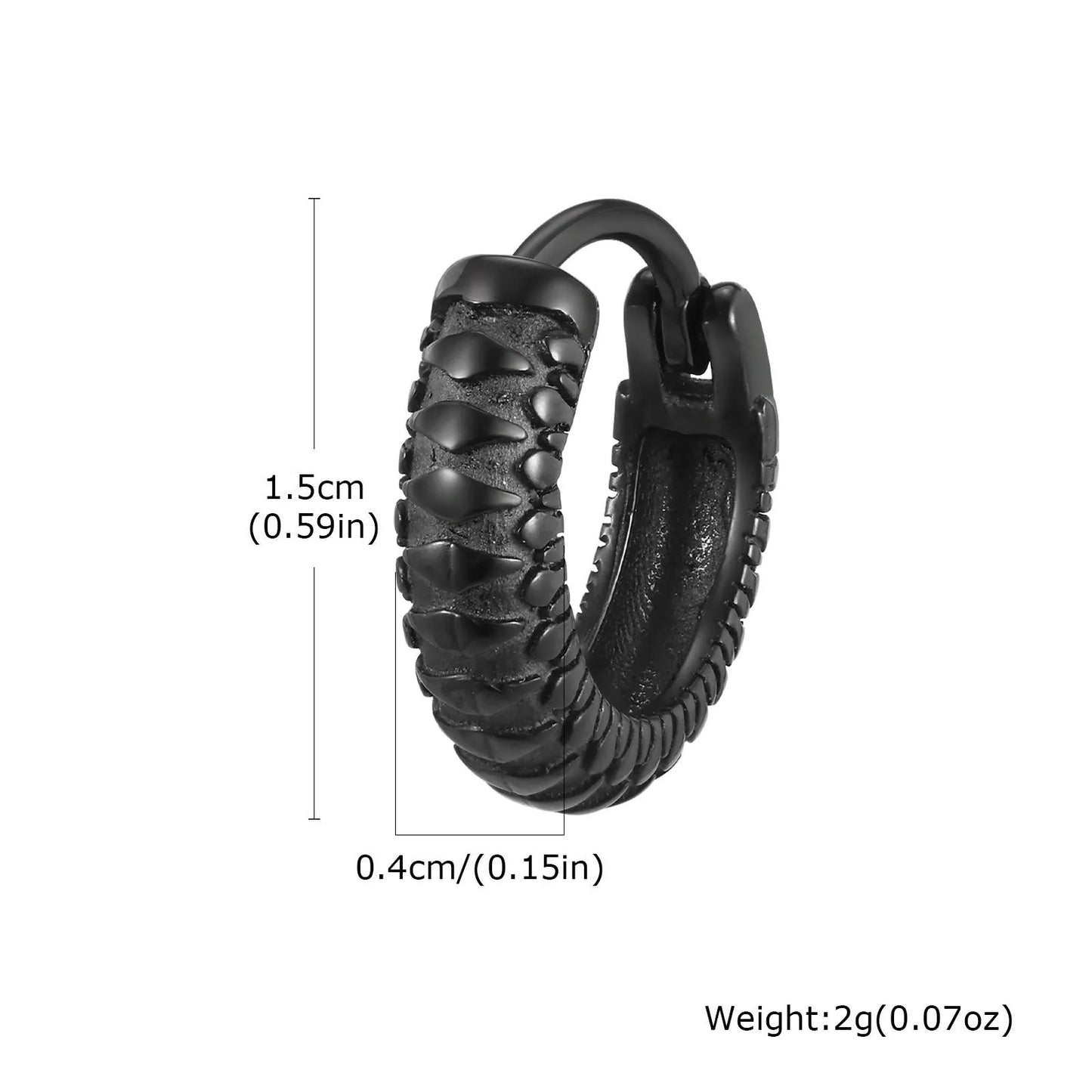 Pair of stainless steel earrings with snake pattern texture in black finish, 1.5cm diameter