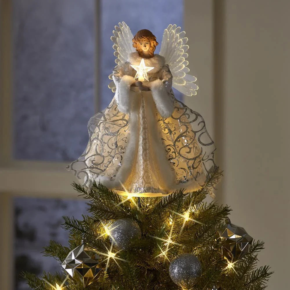 Radiant angel Christmas tree topper with glowing LED lights, creating a warm and enchanting holiday decoration