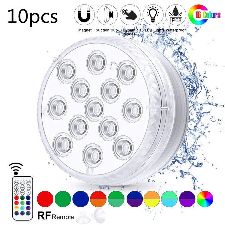 Radiant Underwater LED Lights in various aquatic settings, including pools, fountains, and spas