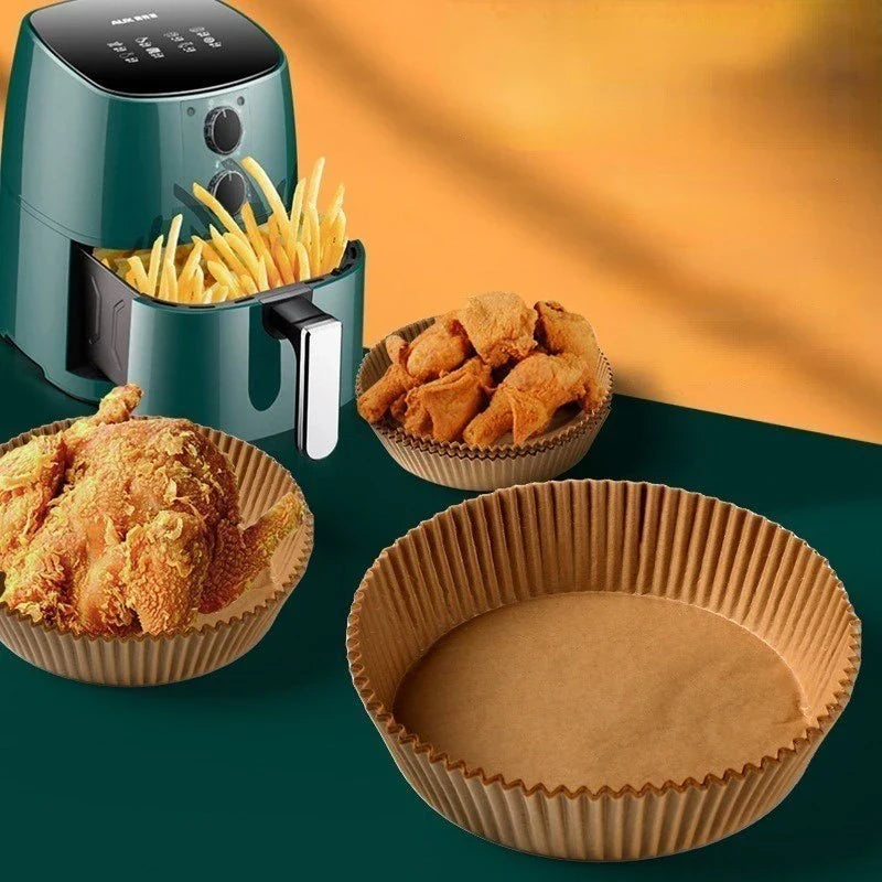 Disposable air fryer liners made of durable, food-grade parchment paper for effortless cleanup and healthy cooking