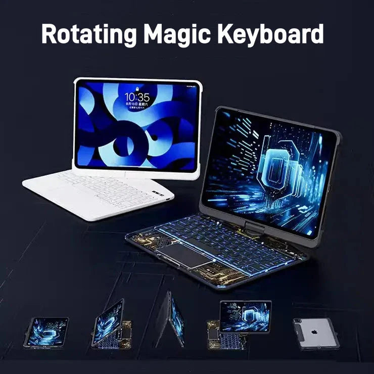 Versatile iPad keyboard cover with 360-degree rotation, silent buttons, and pen slot for enhanced productivity and style