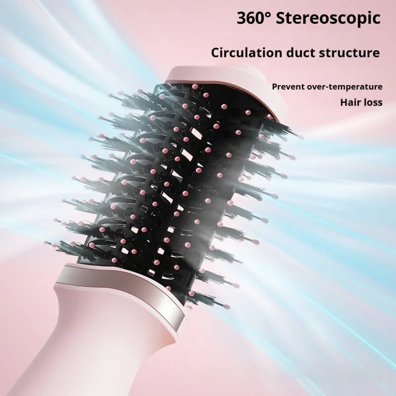 Pink multifunctional hair dryer with integrated comb and curling attachments