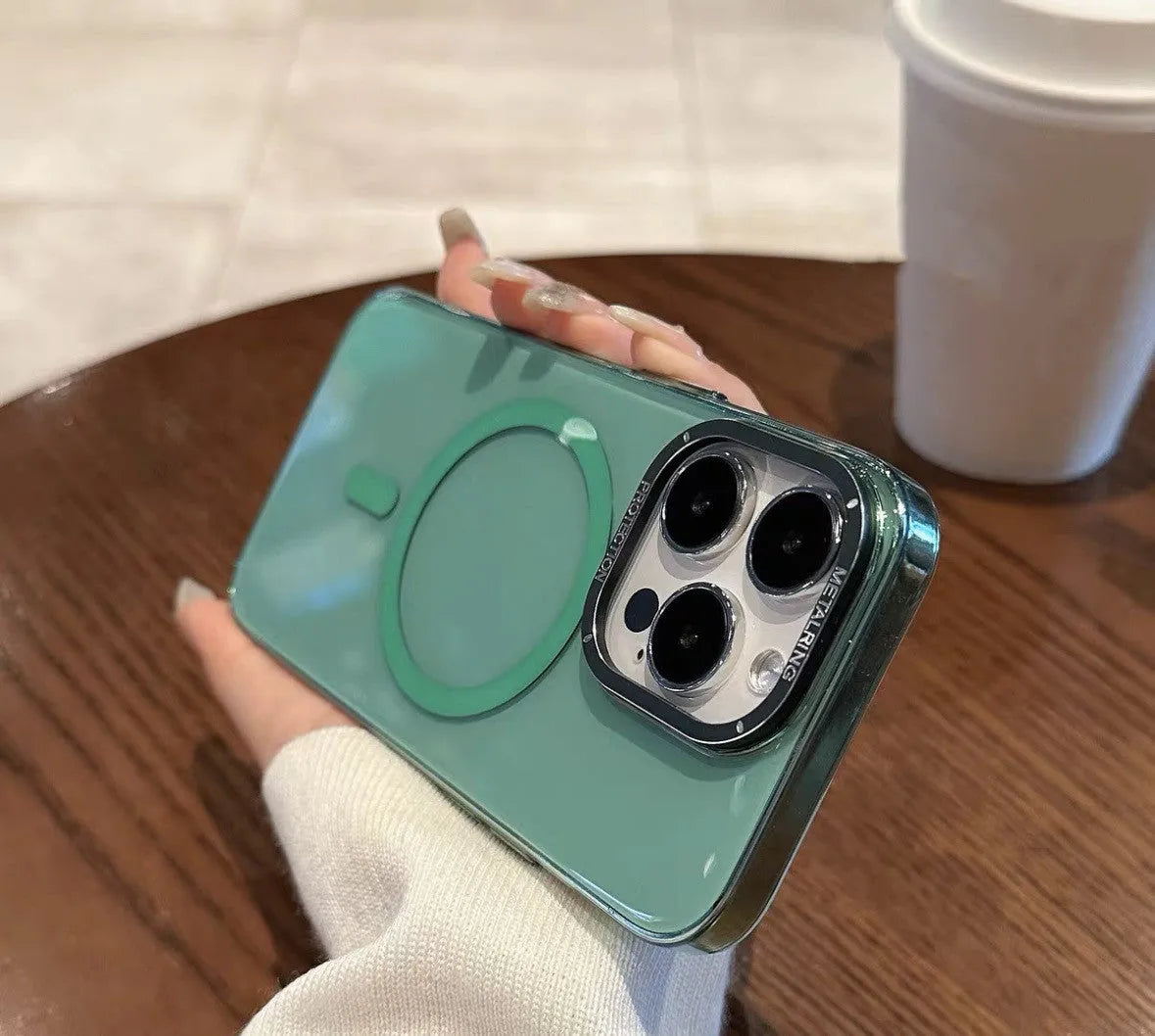 Transparent magnetic phone case with metal lens frame and independent metal buttons for iPhone 12 to 15 Pro Max