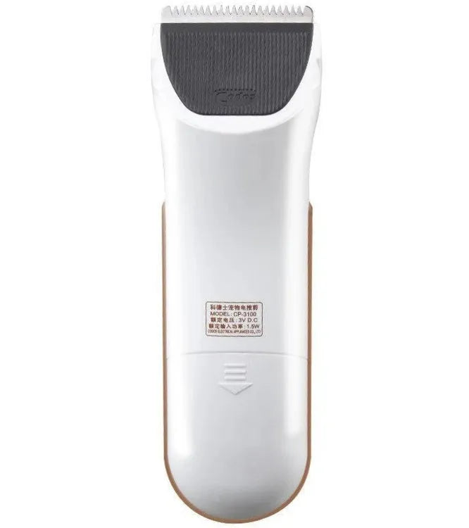 White electric pet hair clipper with ceramic blade showing battery compartment