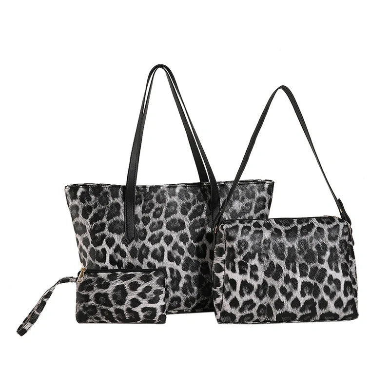 Leopard print tote set with multiple pockets and double shoulder straps