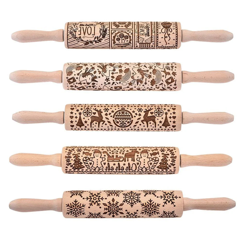 Beautifully engraved Christmas snowflake-patterned rolling pin for creating intricate designs on cookies, pastries, and soft candies