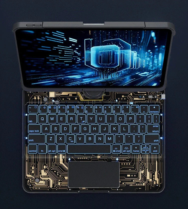 Versatile iPad keyboard cover with 360-degree rotation, silent buttons, and pen slot for enhanced productivity and style