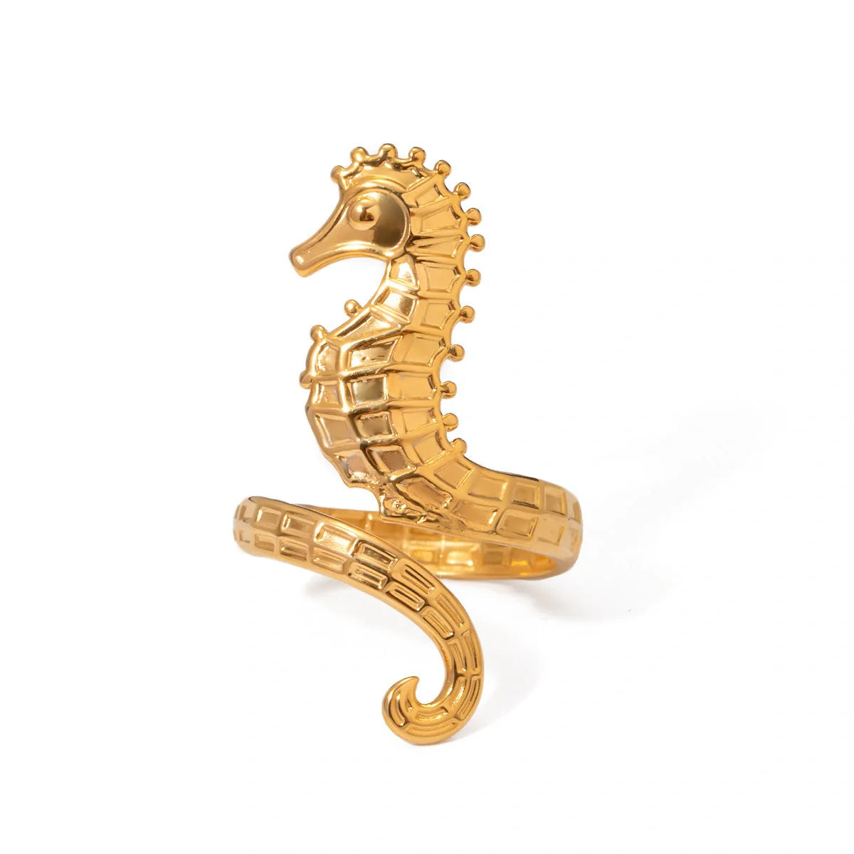 Shimmering 18K gold stainless steel cocktail ring with intricate seahorse design