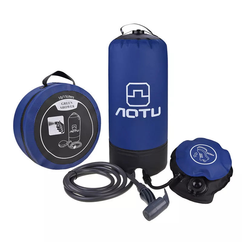 Portable outdoor bath bag in red, black, or blue with 11L capacity and 200cm water pipe