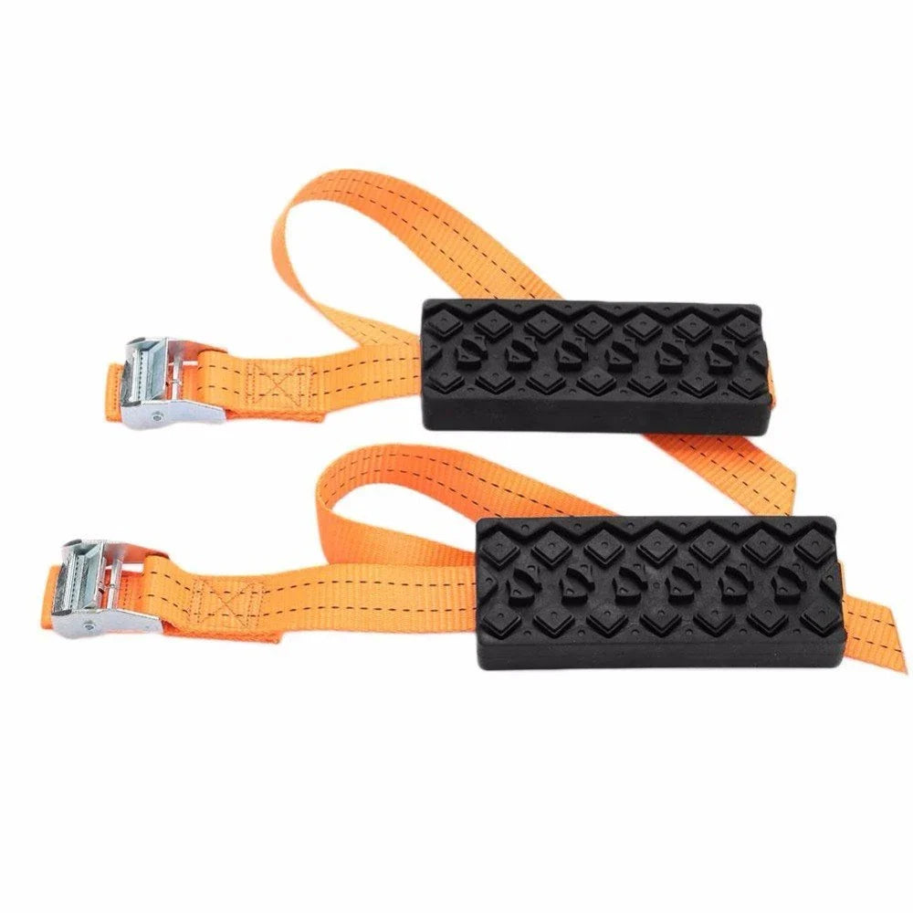 Heavy-duty snow tire chains with rubber and nylon construction for superior traction on snow, ice, and mud