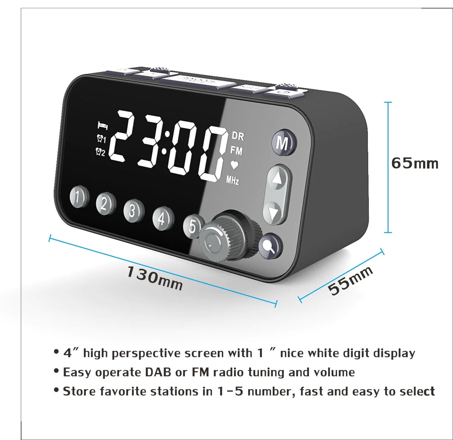 Black DAB FM digital radio alarm clock with LED display, control buttons, and two USB ports on the side.