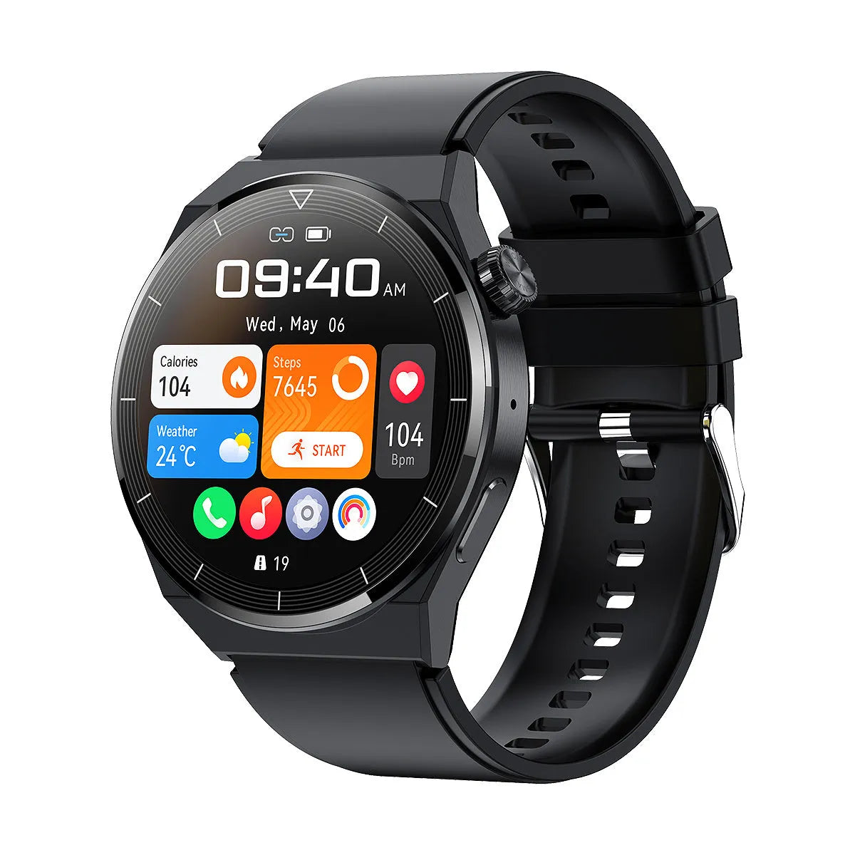 Round black Bluetooth smartwatch with NFC and a silicone strap on a wrist.