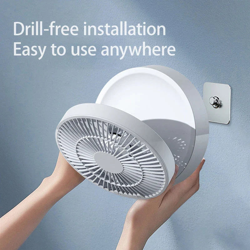 Rechargeable USB desk and wall-mounted fan with folding design, adjustable wind speeds, and warm ambient nightlight