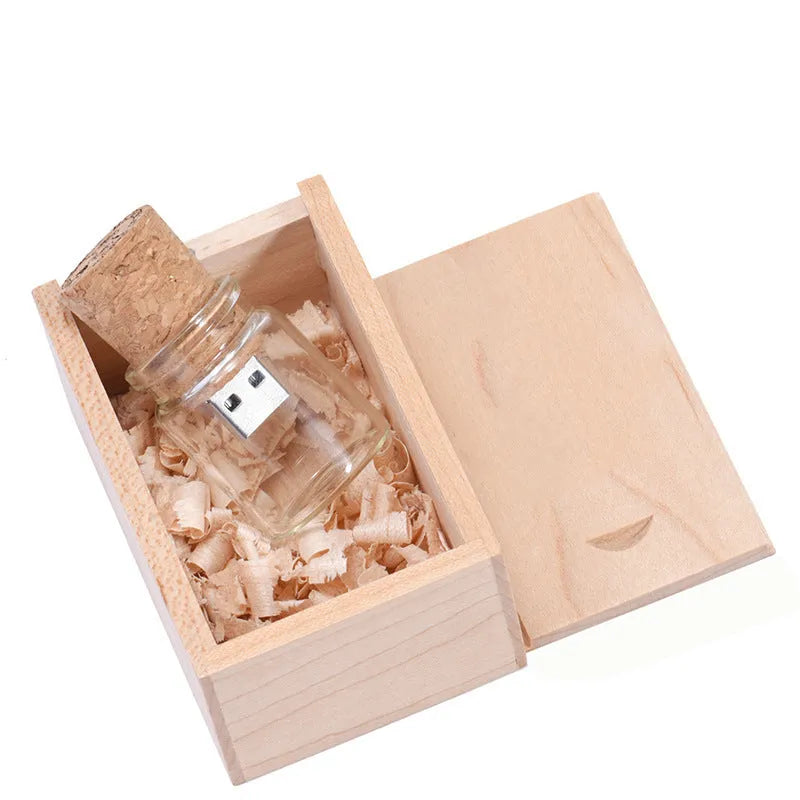 Chocolate brown wooden USB flash drive with personalised lettering and drift bottle storage design