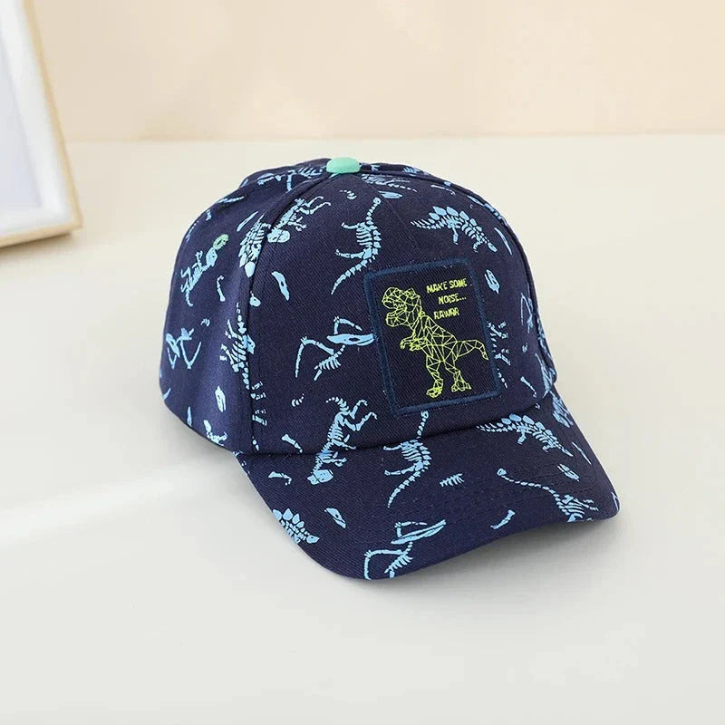 Adjustable kids' baseball cap with vibrant dinosaur prints, designed for comfort and sun protection during outdoor activities.