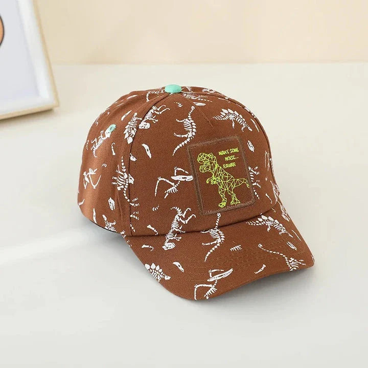 Adjustable kids' baseball cap with vibrant dinosaur prints, designed for comfort and sun protection during outdoor activities.