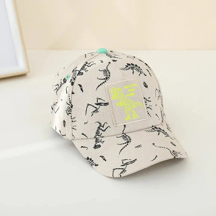 Adjustable kids' baseball cap with vibrant dinosaur prints, designed for comfort and sun protection during outdoor activities.