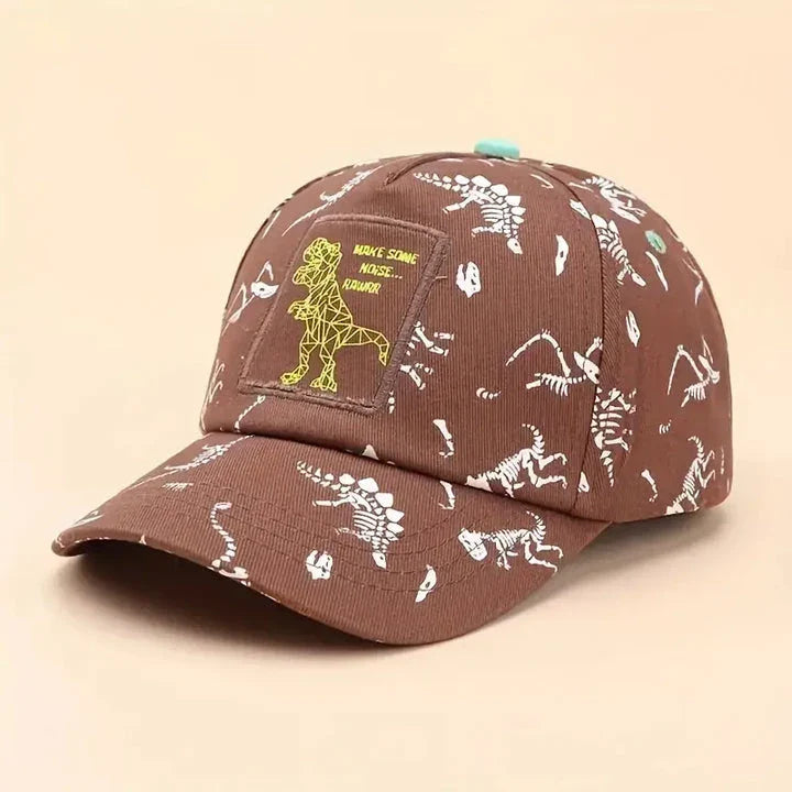 Adjustable kids' baseball cap with vibrant dinosaur prints, designed for comfort and sun protection during outdoor activities.