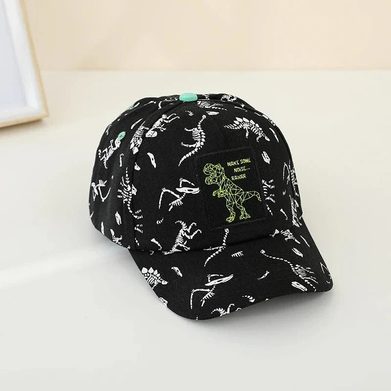 Adjustable kids' baseball cap with vibrant dinosaur prints, designed for comfort and sun protection during outdoor activities.