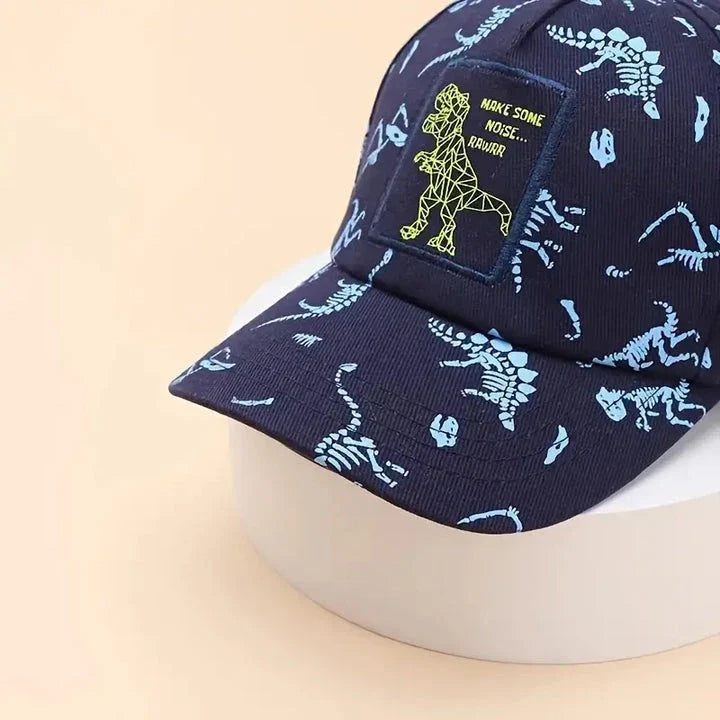 Adjustable kids' baseball cap with vibrant dinosaur prints, designed for comfort and sun protection during outdoor activities.