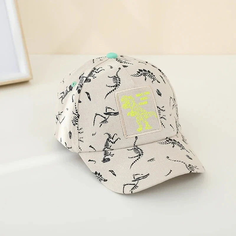 Adjustable kids' baseball cap with vibrant dinosaur prints, designed for comfort and sun protection during outdoor activities.