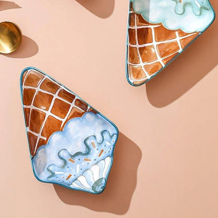 Ceramic Ice Cream Shaped Plate in red and blue colors, perfect for serving desserts and adding a whimsical touch to your tableware collection.