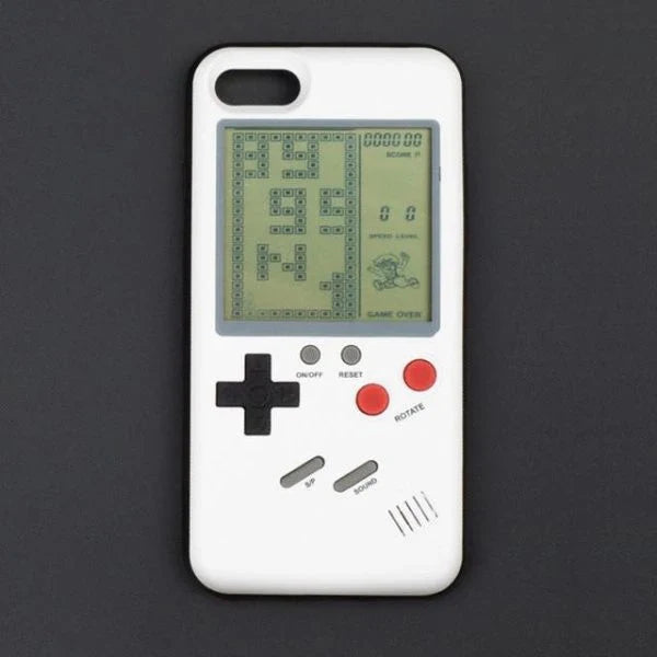 Gameboy-inspired iPhone case with retro gaming controls and screen on the back