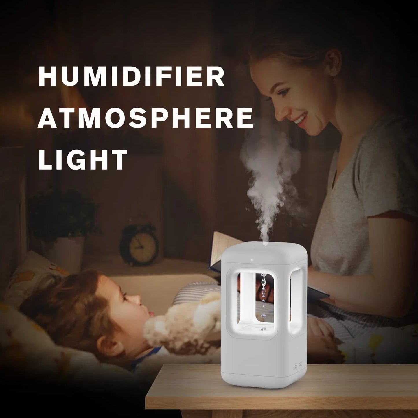 Quiet cool mist humidifier with anti-gravity water droplets, ideal for bedrooms and home decor