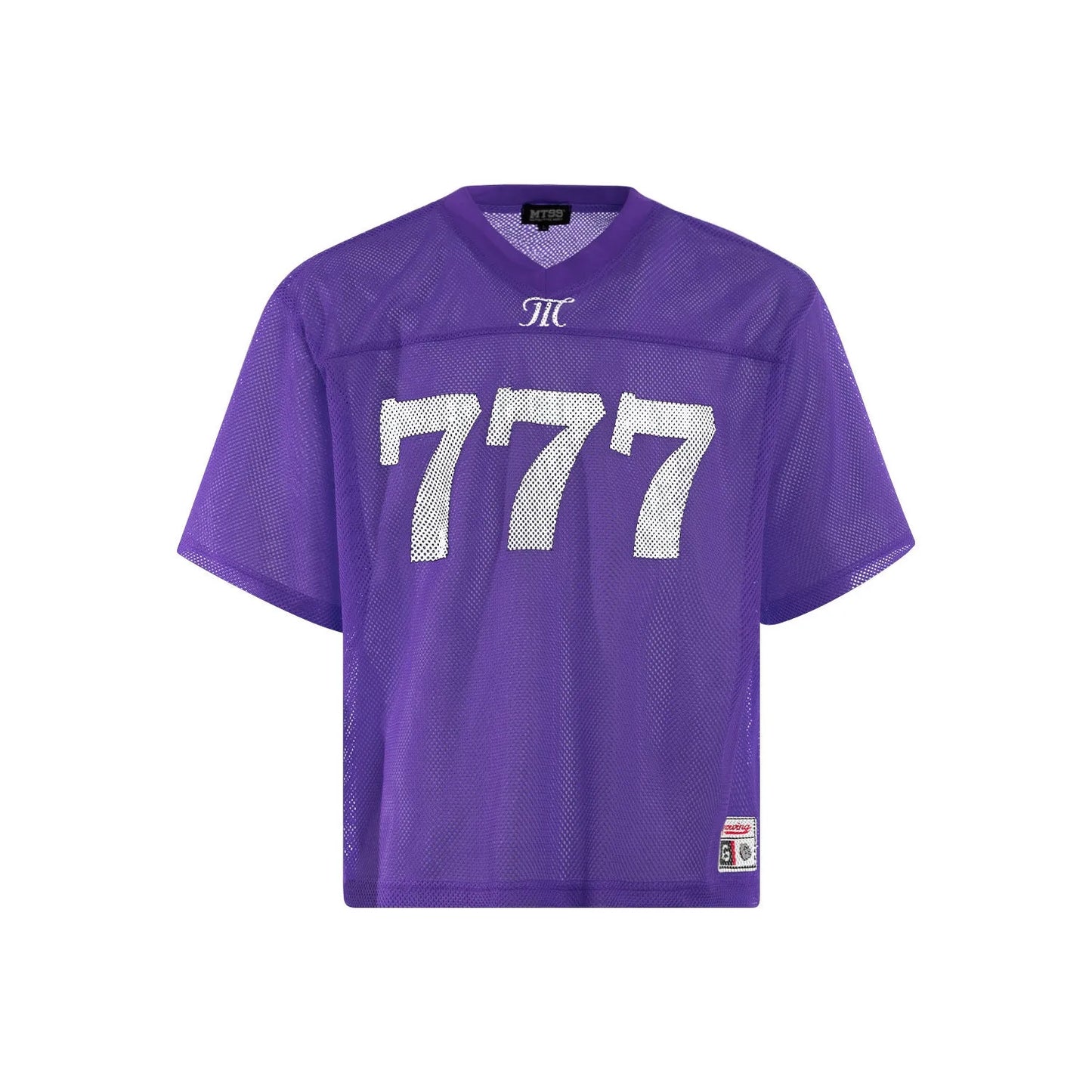 Man wearing a loose-fit purple retro t-shirt on a casual summer day.