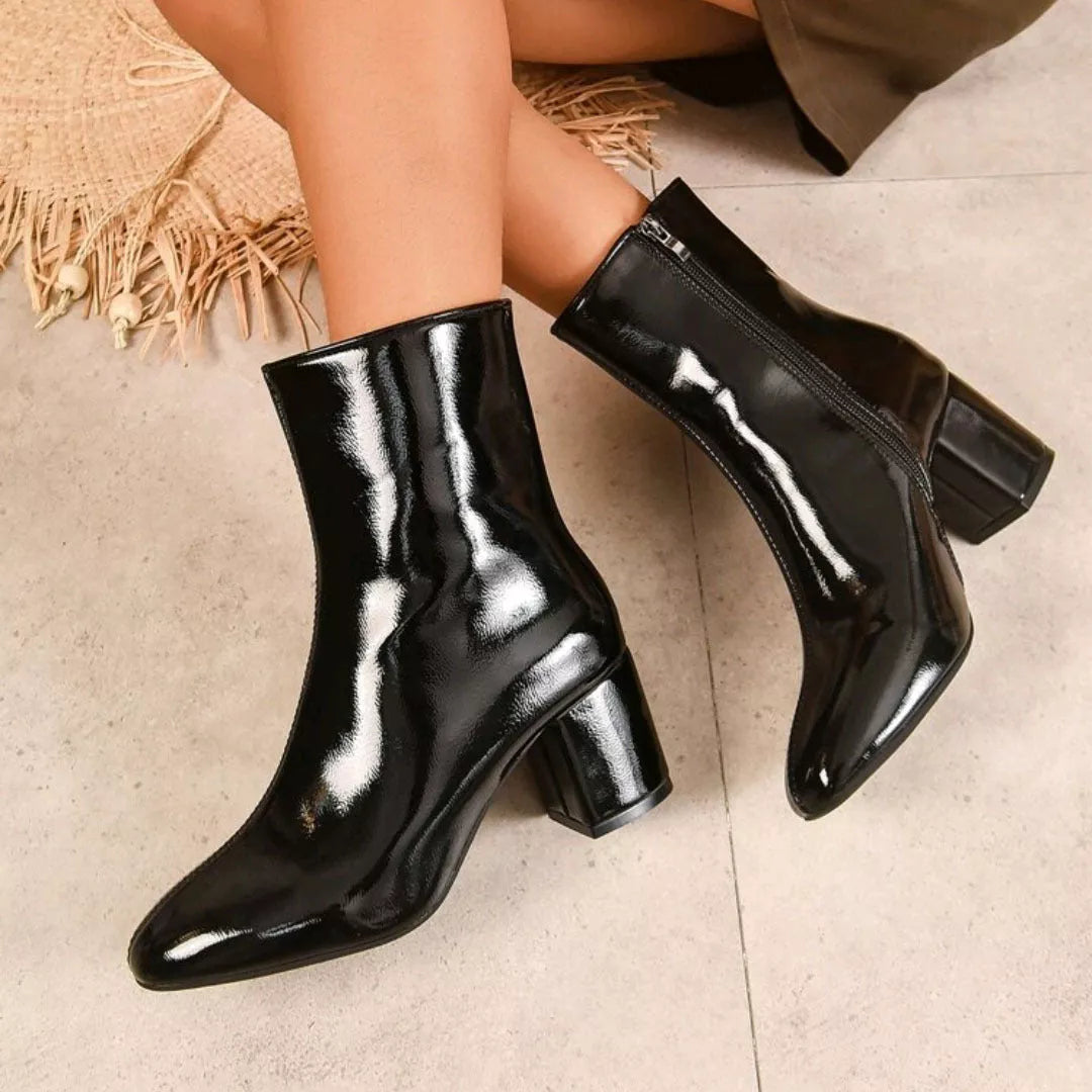 Women's chunky heel pointed toe boots with side zipper in four colors