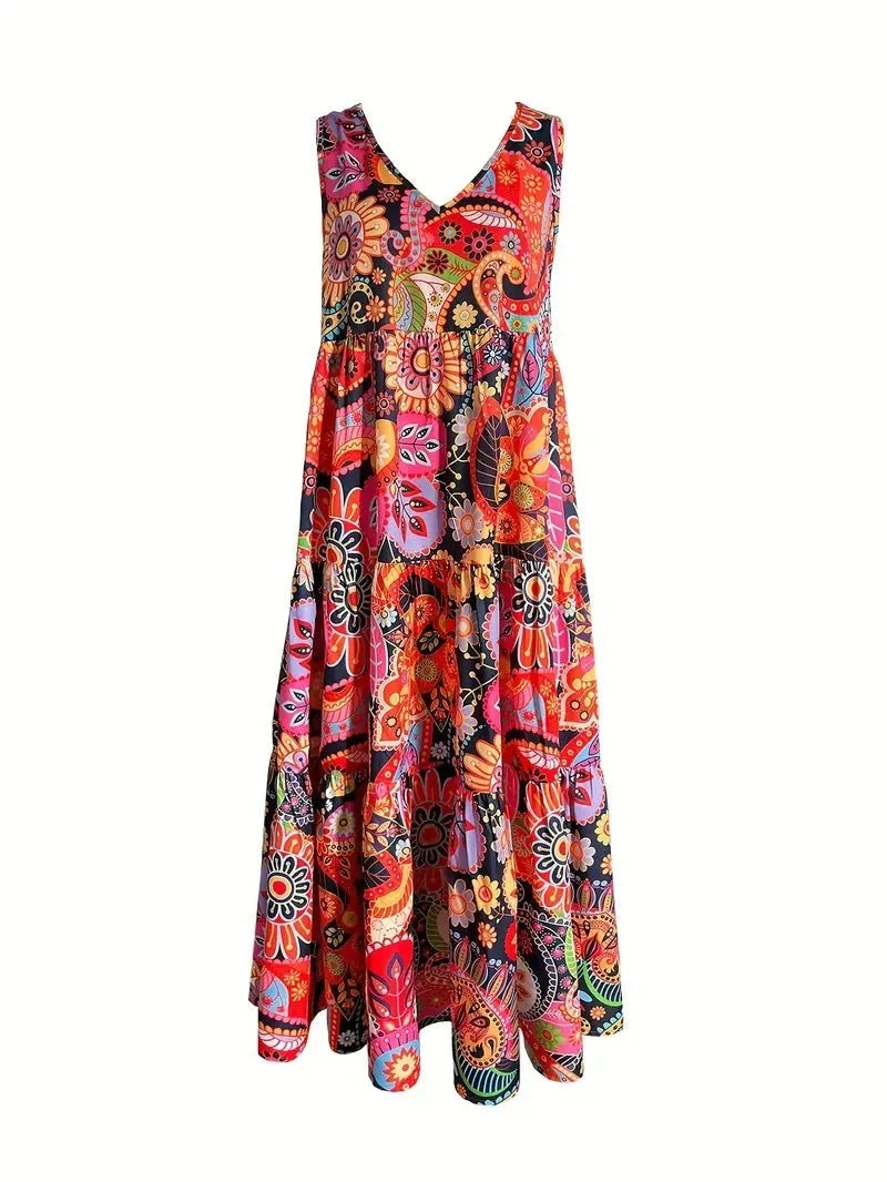 Women's floral V-neck sleeveless dress with large hem in orange red