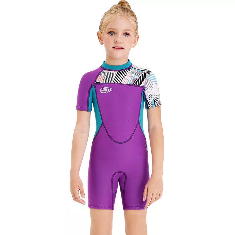 Girls' neoprene short-sleeved swimwear in blue and purple for all-season water sports
