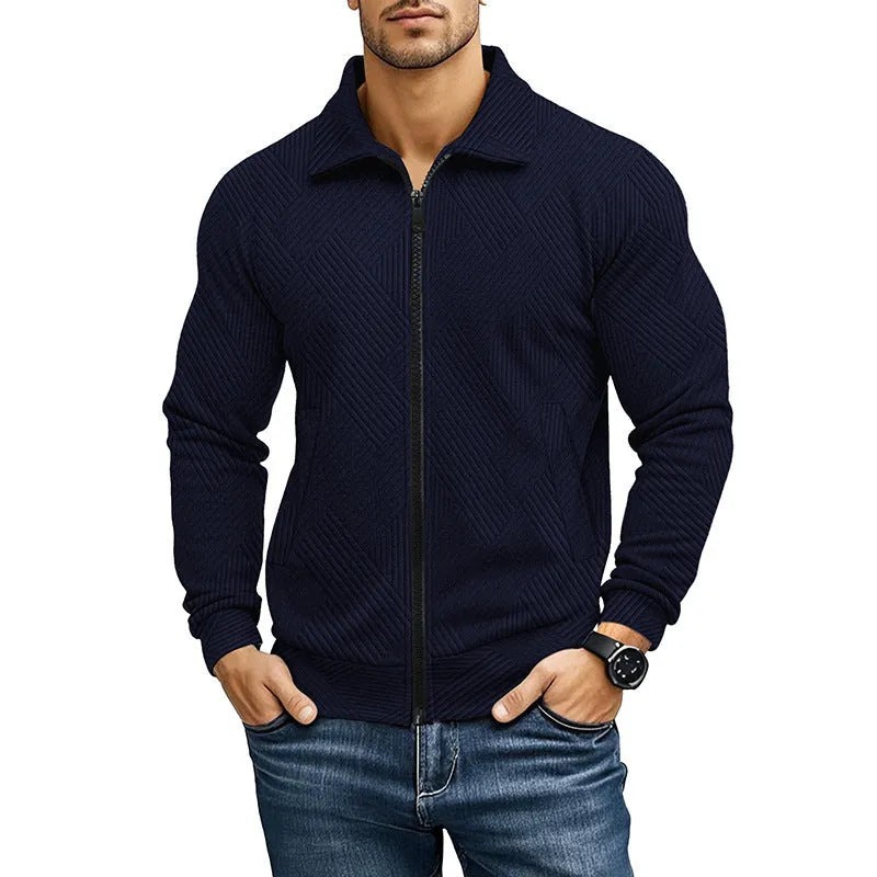 Men's casual waffle texture jacket with turn-down collar in solid colour